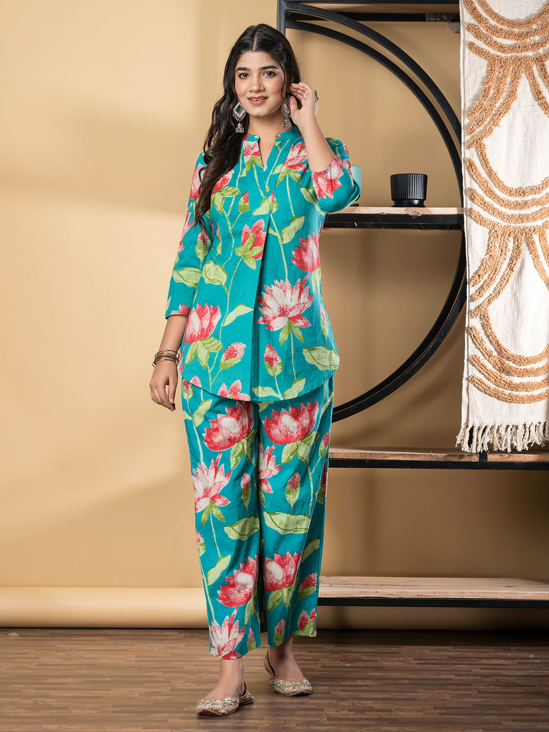 Curved Style Cotton Fabric Blue Color Co-Ord Set