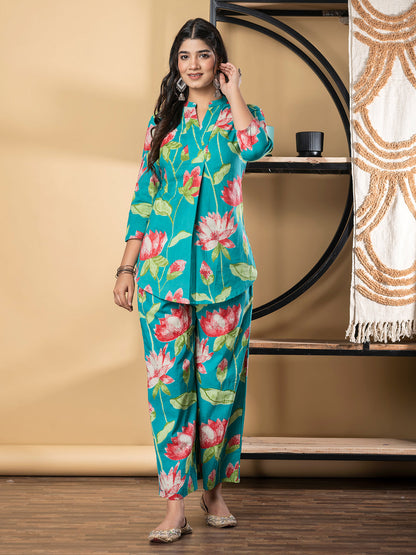 Curved Style Cotton Fabric Blue Color Co-Ord Set