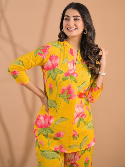 Curved Style Cotton Fabric Yellow Color Co-Ord Set