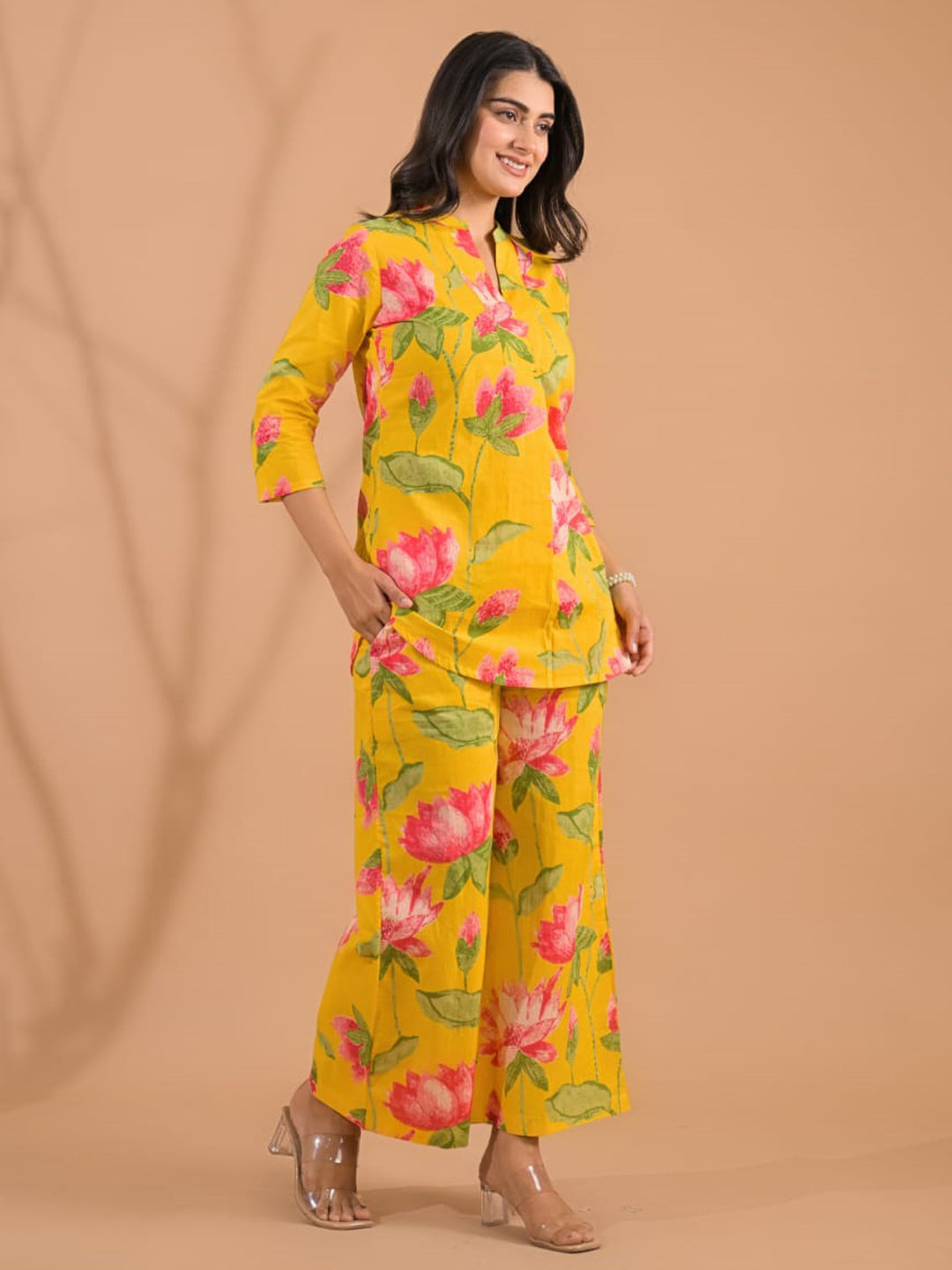 Curved Style Cotton Fabric Yellow Color Co-Ord Set
