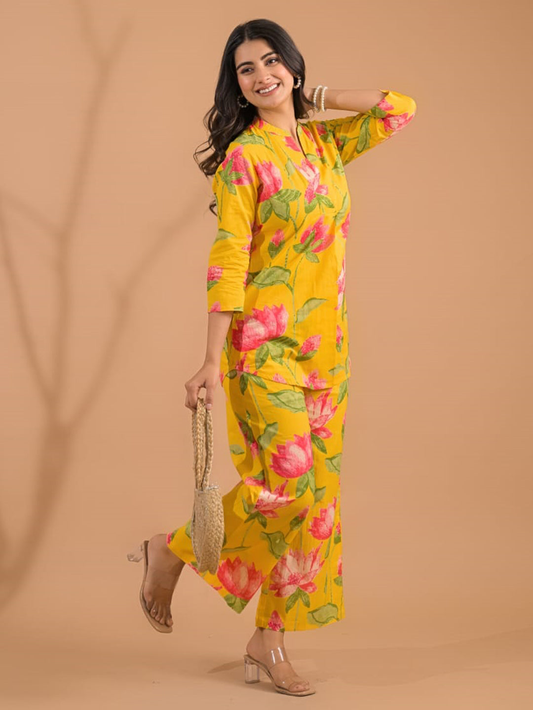 Curved Style Cotton Fabric Yellow Color Co-Ord Set