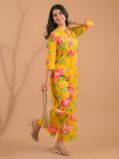 Curved Style Cotton Fabric Yellow Color Co-Ord Set