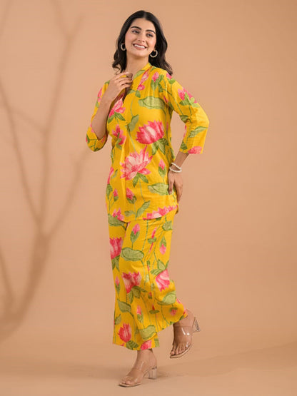 Curved Style Cotton Fabric Yellow Color Co-Ord Set