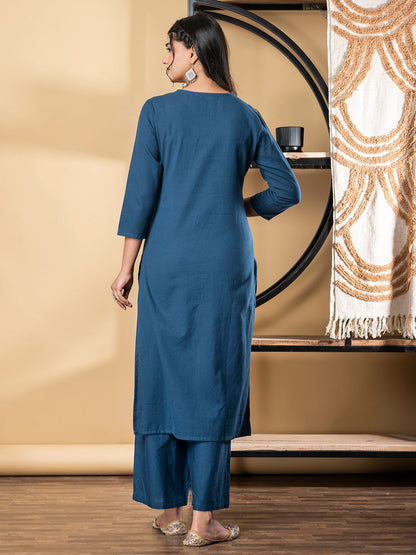 Straight Style Cotton Fabric Teal Color Kurta And Bottom