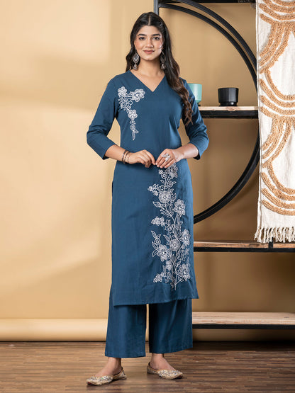 Straight Style Cotton Fabric Teal Color Kurta And Bottom