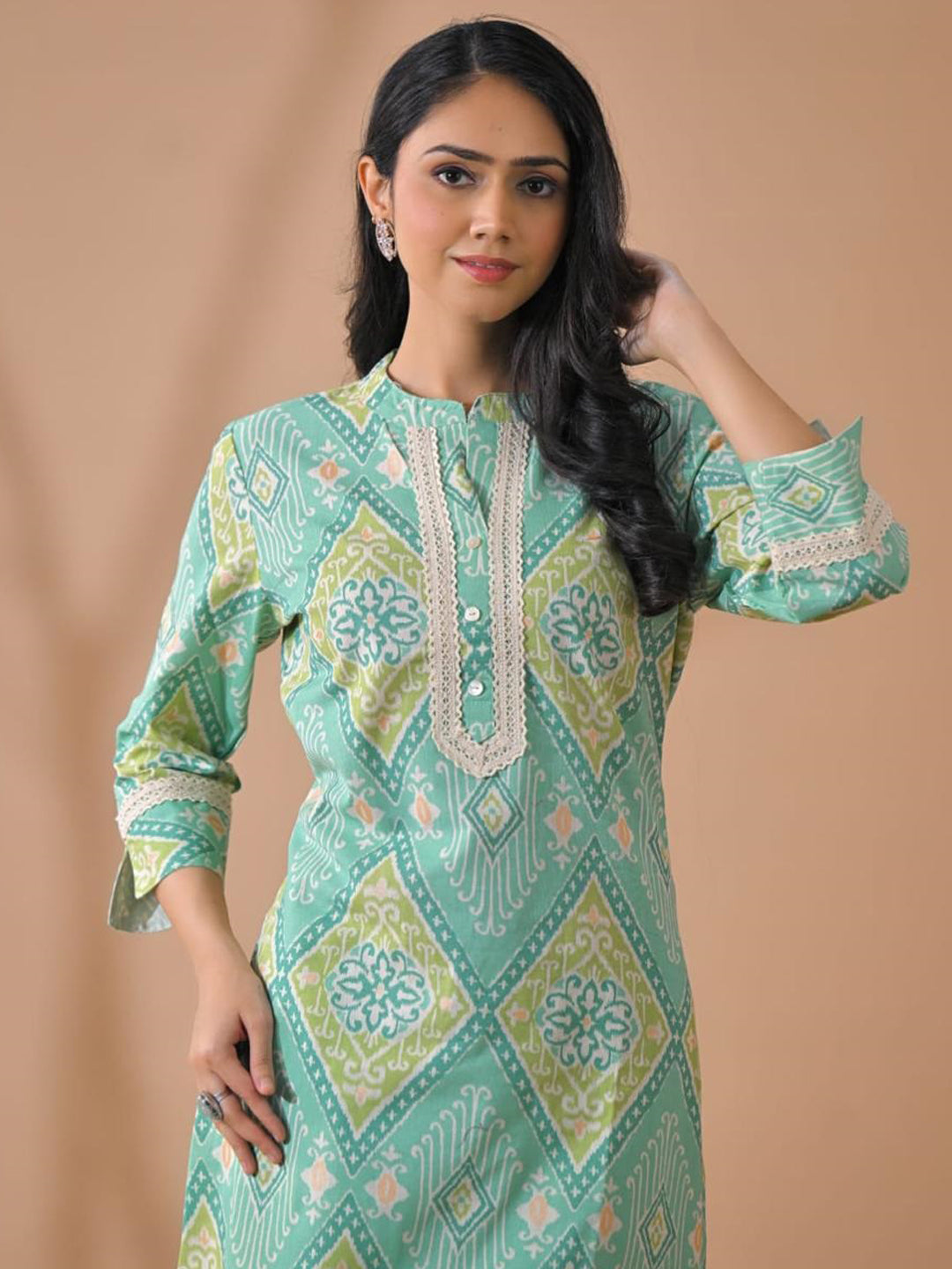 Curved Style Poly Cotton Fabric Green Color Kurta And Bottom