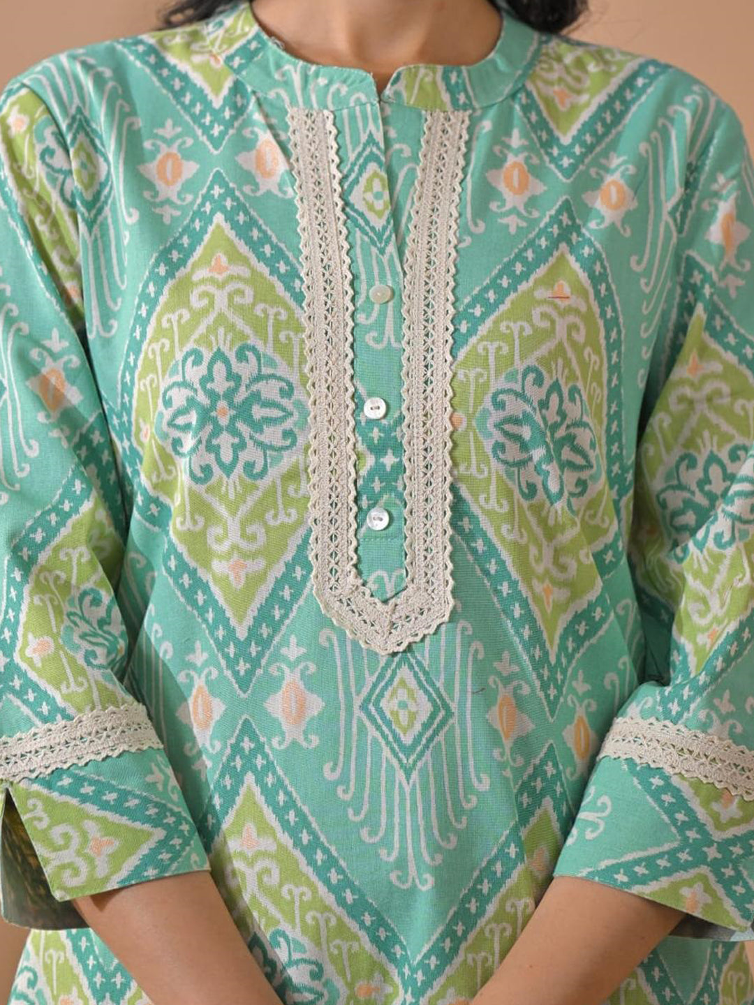 Curved Style Poly Cotton Fabric Green Color Kurta And Bottom