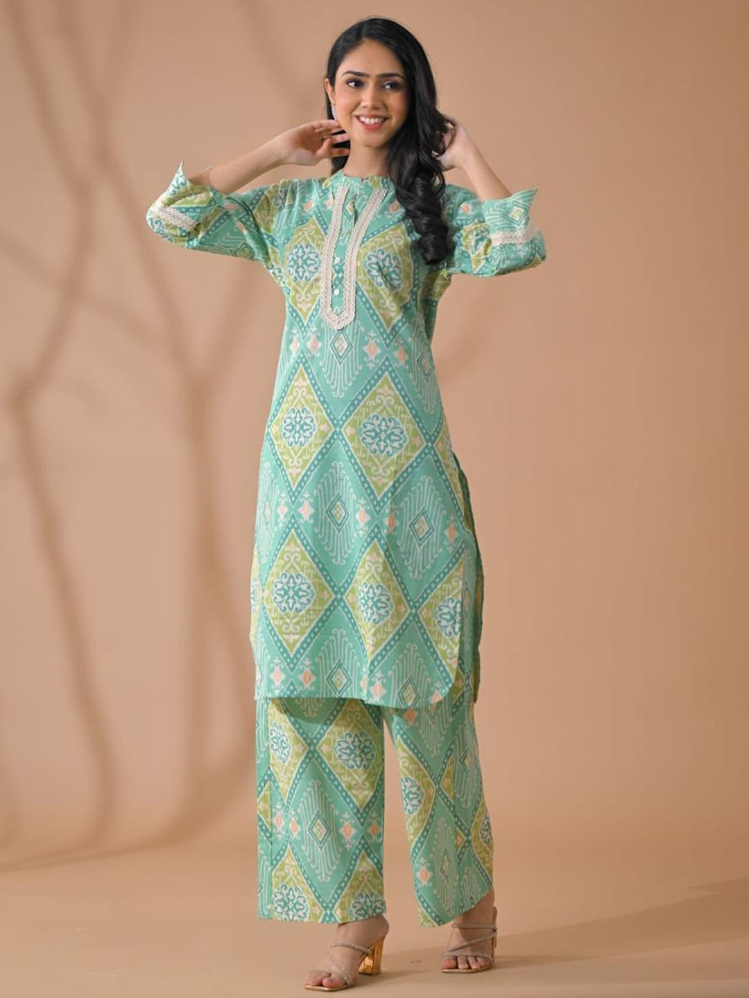 Curved Style Poly Cotton Fabric Green Color Kurta And Bottom