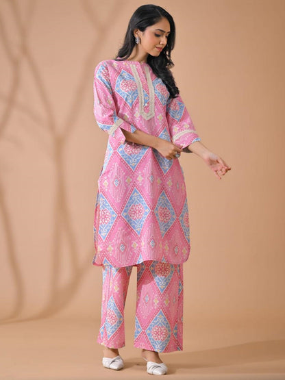 Curved Style Poly Cotton Fabric Pink Color Kurta And Bottom