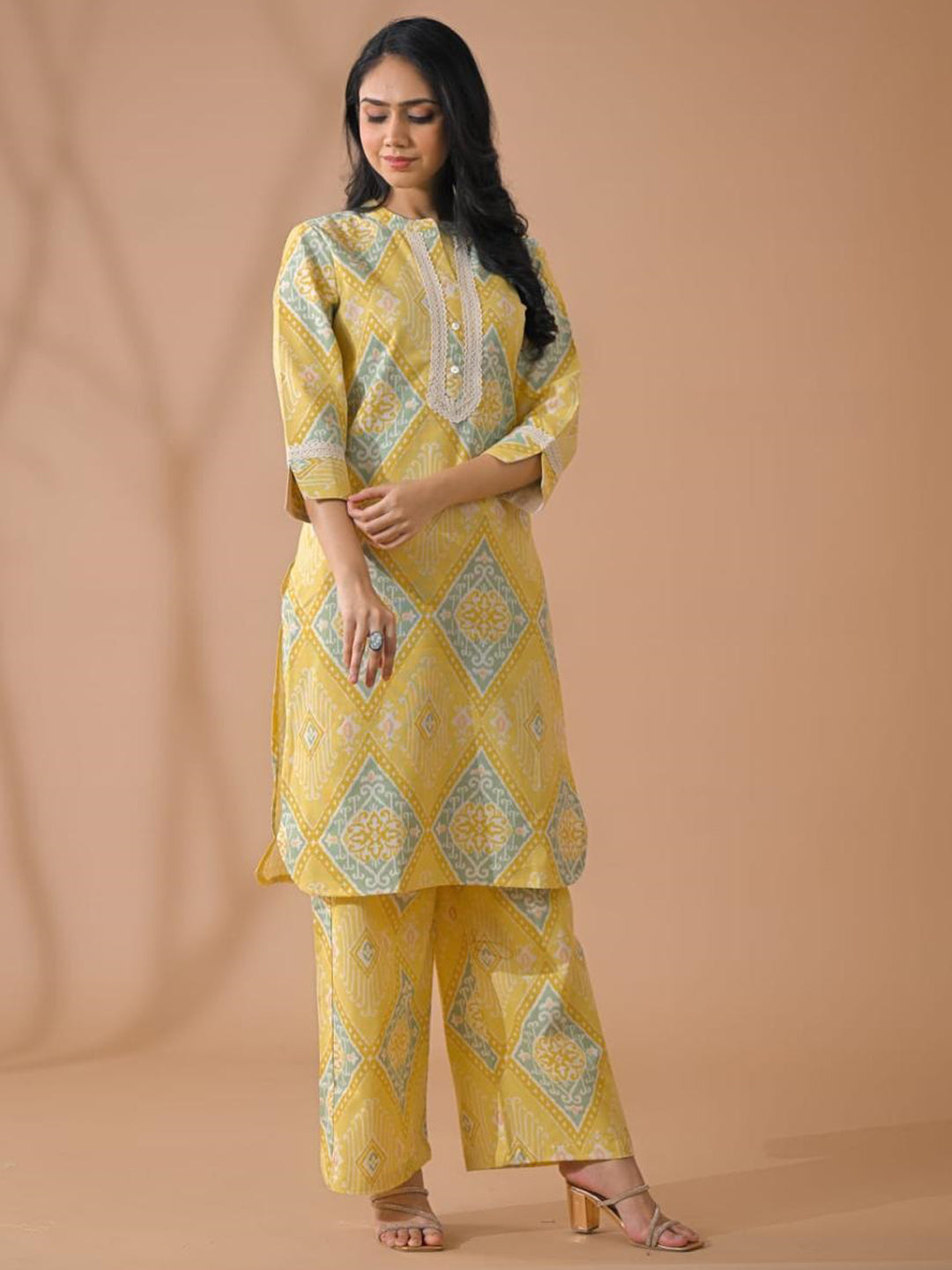 Curved Style Poly Cotton Fabric Yellow Color Kurta And Bottom