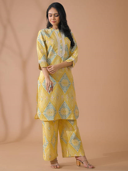 Curved Style Poly Cotton Fabric Yellow Color Kurta And Bottom