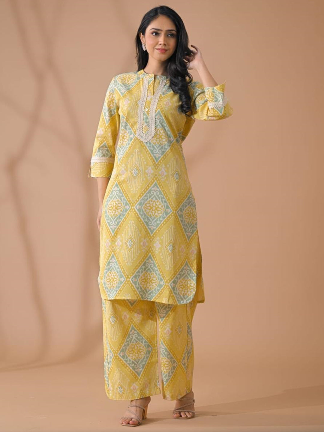 Curved Style Poly Cotton Fabric Yellow Color Kurta And Bottom