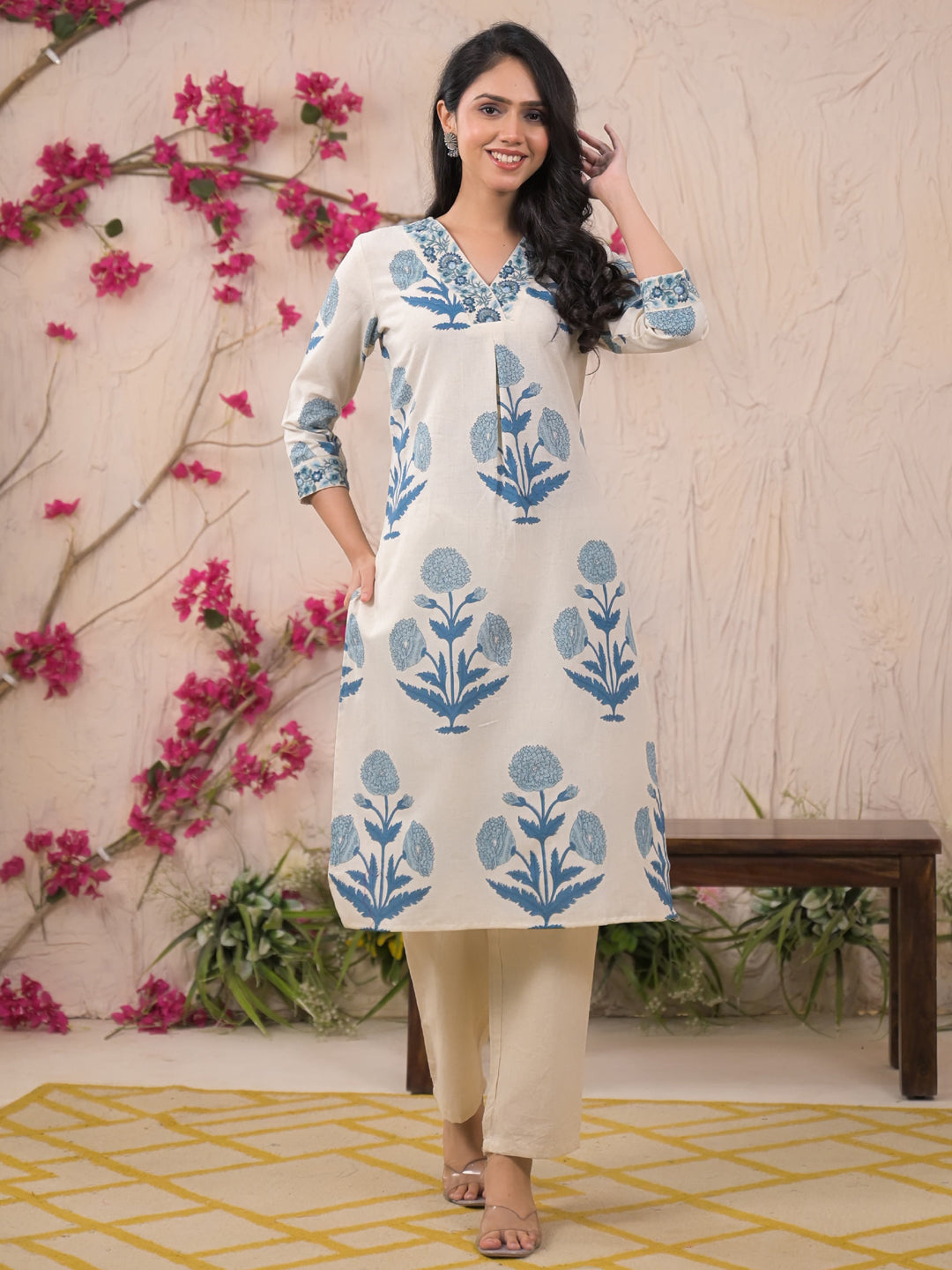 Straight Style Cotton Flex Fabric Blue Color Kurta And Bottom