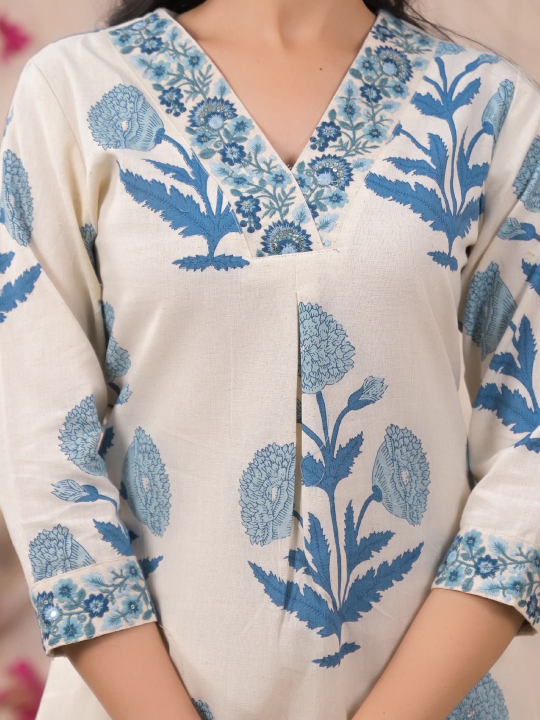 Straight Style Cotton Flex Fabric Blue Color Kurta And Bottom