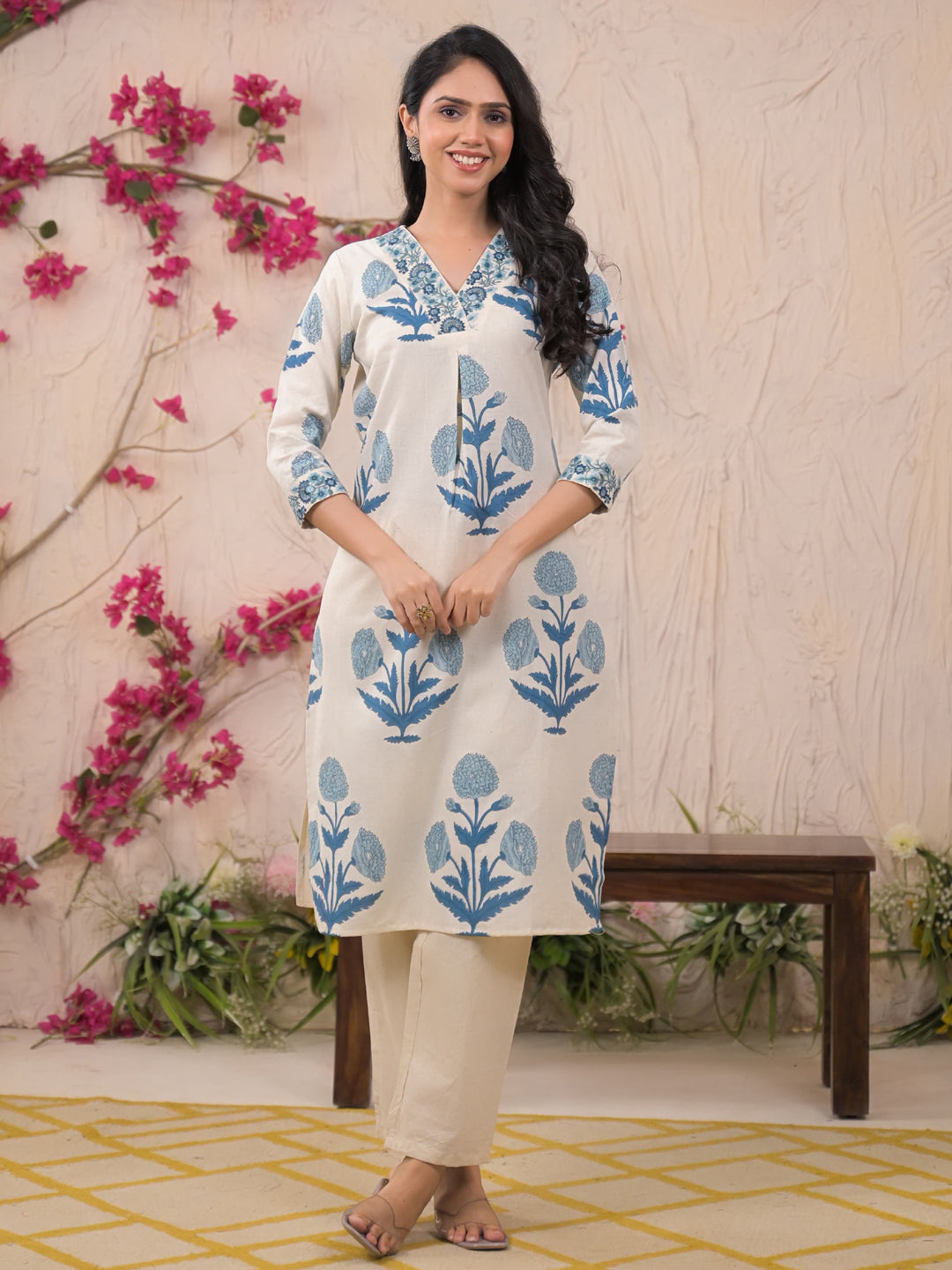 Straight Style Cotton Flex Fabric Blue Color Kurta And Bottom