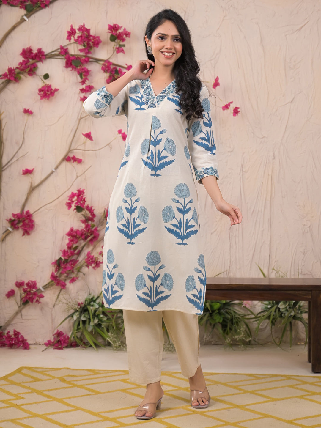 Straight Style Cotton Flex Fabric Blue Color Kurta And Bottom