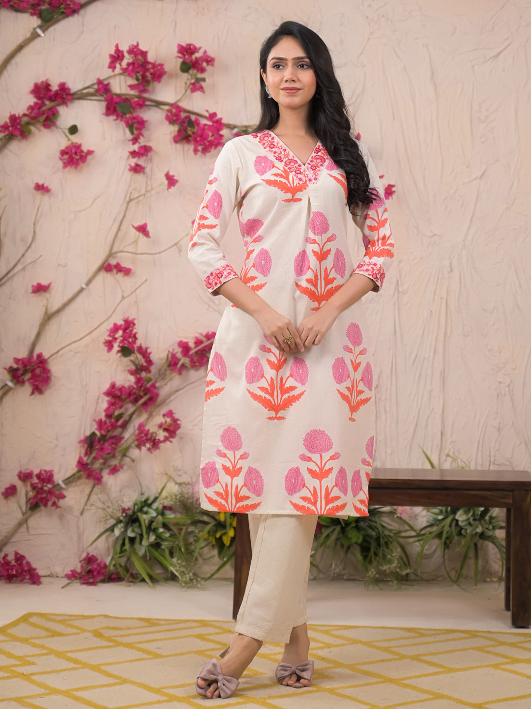 Straight Style Cotton Flex Fabric Pink Color Kurta And Bottom