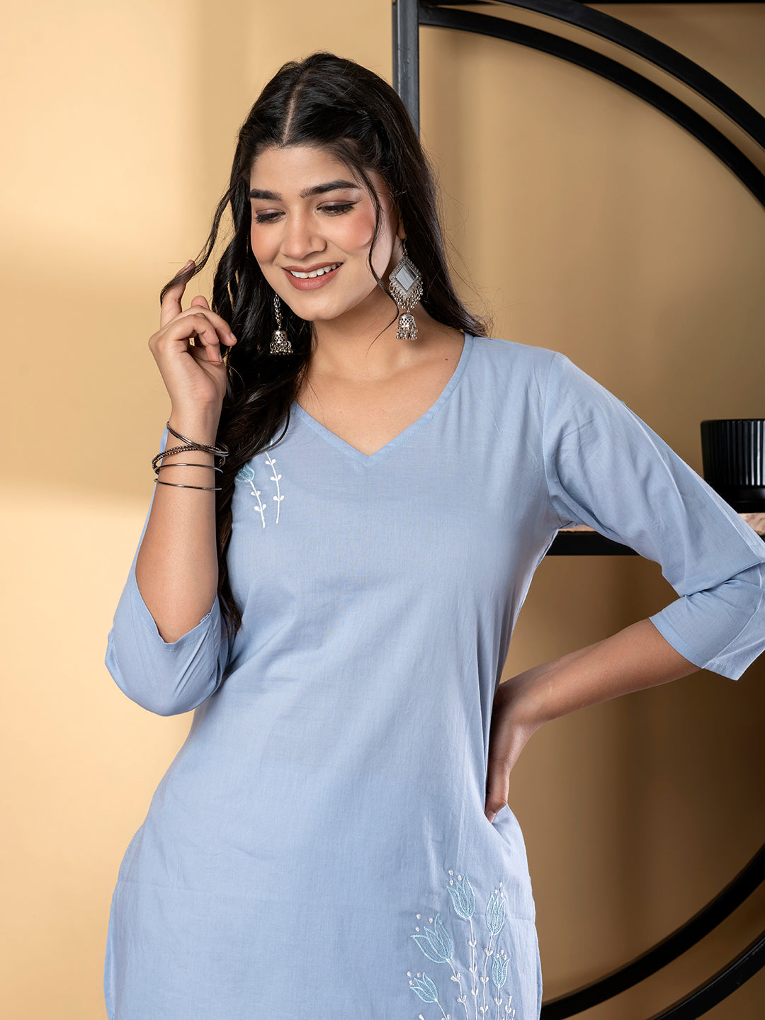 Curved Style Cotton Fabric Blue Color Co-Ord Set