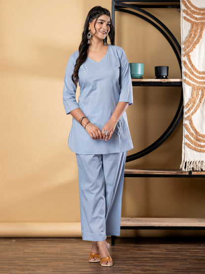 Curved Style Cotton Fabric Blue Color Co-Ord Set
