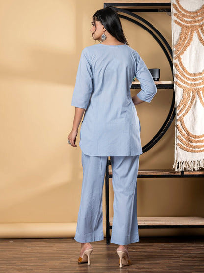 Curved Style Cotton Fabric Blue Color Co-Ord Set