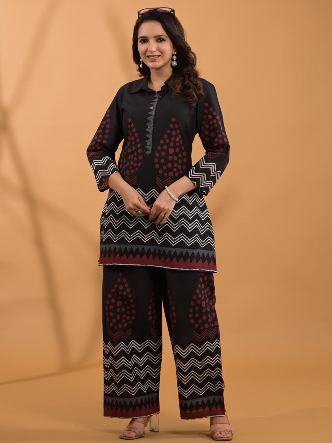 Straight Style Cotton Fabric Black Color Co-Ord Set