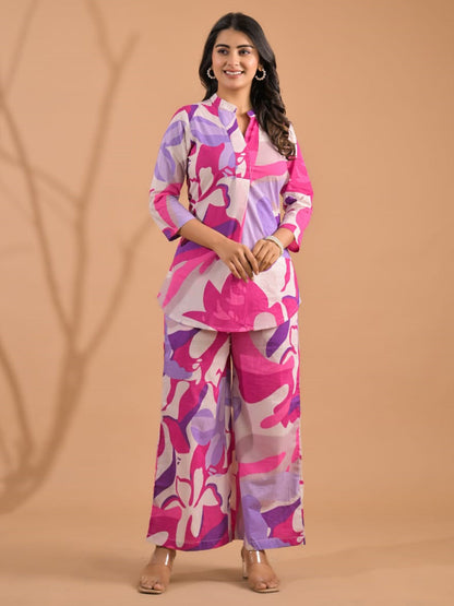 Curved Style Cotton Fabric Lavender Color Co-Ord Set