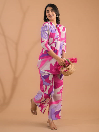 Curved Style Cotton Fabric Lavender Color Co-Ord Set