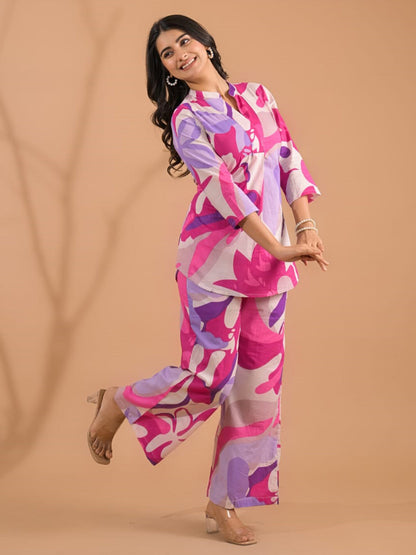 Curved Style Cotton Fabric Lavender Color Co-Ord Set