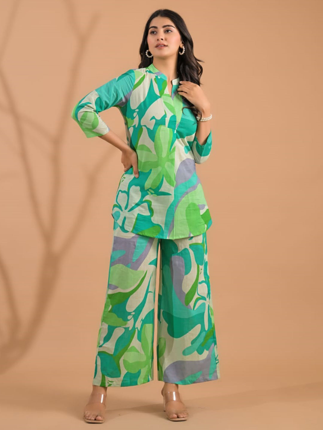 Curved Style Cotton Fabric Green Color Co-Ord Set