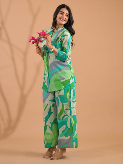 Curved Style Cotton Fabric Green Color Co-Ord Set