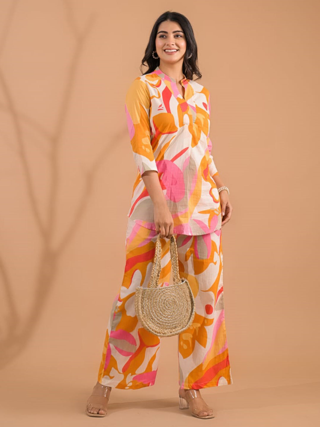 Curved Style Cotton Fabric Pink Color Co-Ord Set