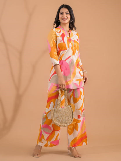 Curved Style Cotton Fabric Pink Color Co-Ord Set