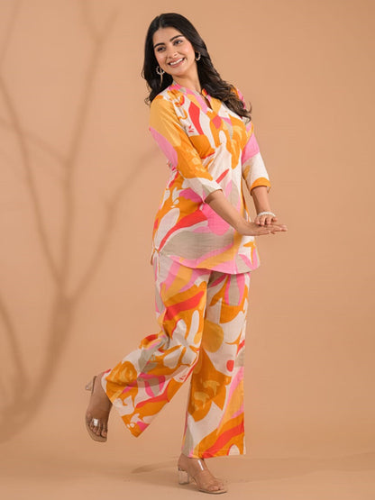 Curved Style Cotton Fabric Pink Color Co-Ord Set