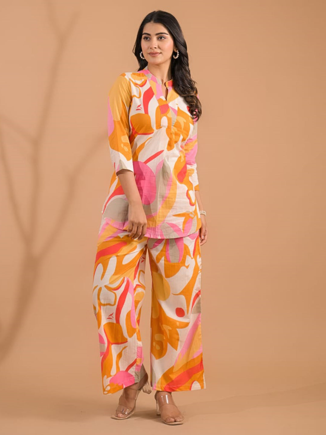 Curved Style Cotton Fabric Pink Color Co-Ord Set