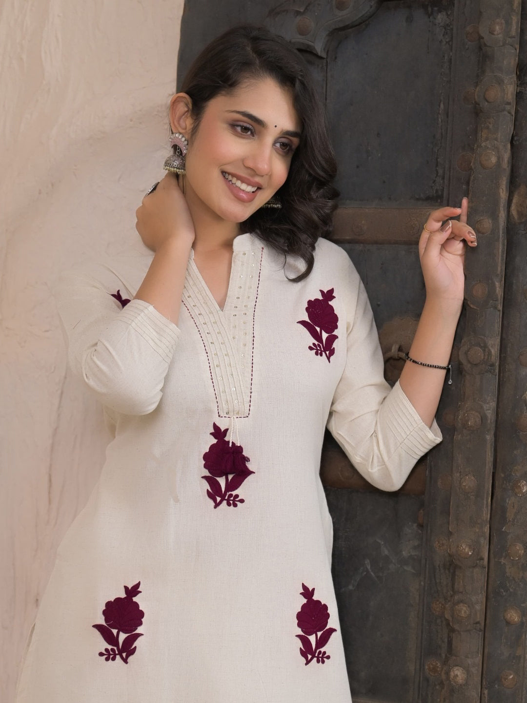 Straight Style Cotton Flex Fabric Off White Color Kurta And Bottom