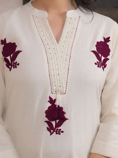 Straight Style Cotton Flex Fabric Off White Color Kurta And Bottom