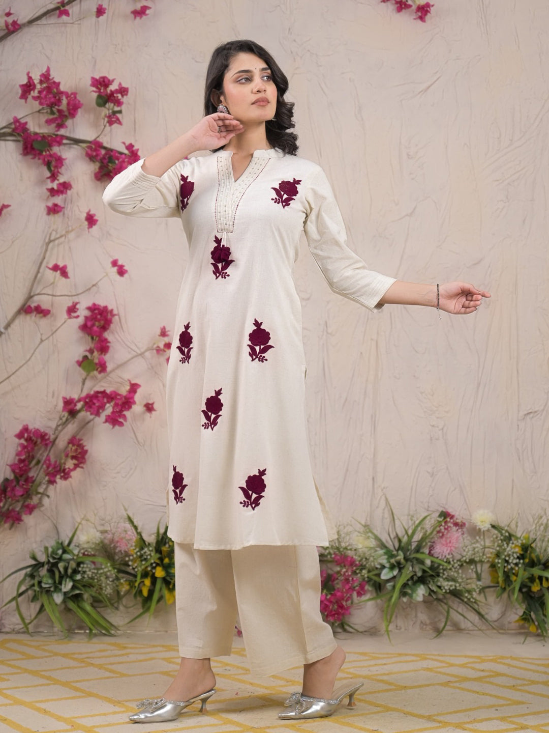 Straight Style Cotton Flex Fabric Off White Color Kurta And Bottom