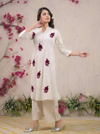 Straight Style Cotton Flex Fabric Off White Color Kurta And Bottom