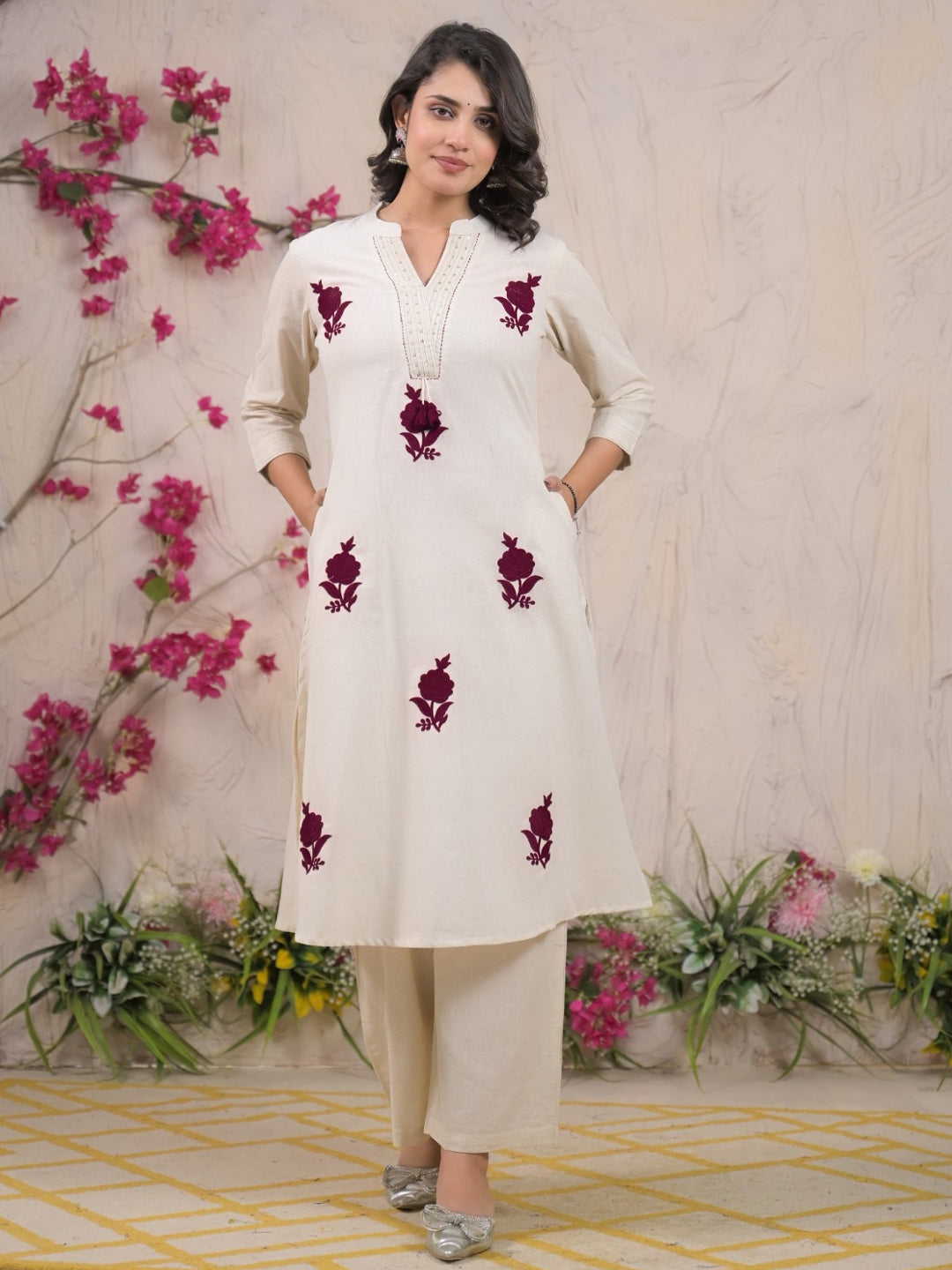Straight Style Cotton Flex Fabric Off White Color Kurta And Bottom