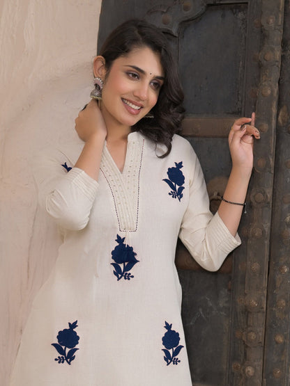 Straight Style Cotton Flex Fabric Off White Color Kurta And Bottom