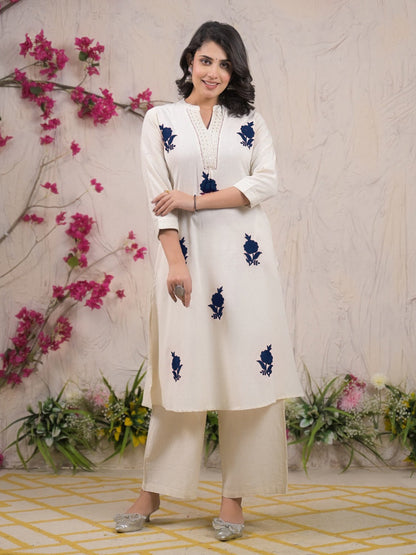 Straight Style Cotton Flex Fabric Off White Color Kurta And Bottom