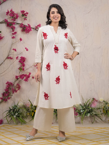Straight Style Cotton Flex Fabric Off White Color Kurta And Bottom