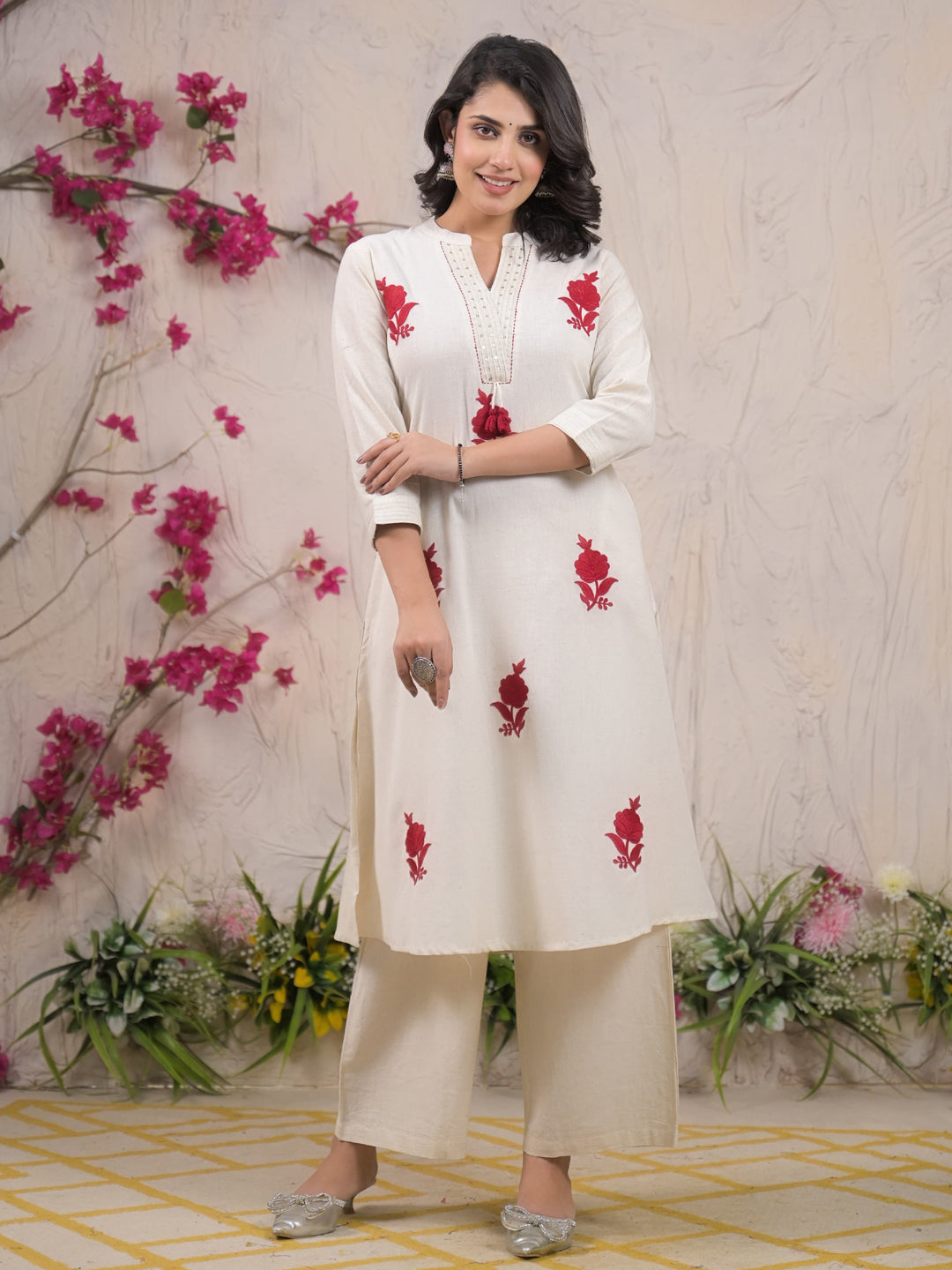 Straight Style Cotton Flex Fabric Off White Color Kurta And Bottom