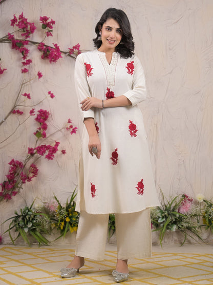 Straight Style Cotton Flex Fabric Off White Color Kurta And Bottom