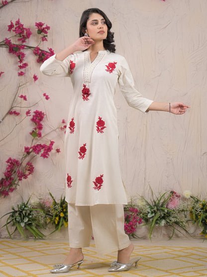 Straight Style Cotton Flex Fabric Off White Color Kurta And Bottom