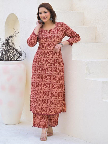 Straight Style Cotton Fabric Maroon Color Kurta And Bottom
