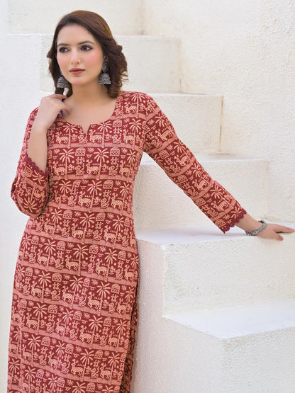 Straight Style Cotton Fabric Maroon Color Kurta And Bottom