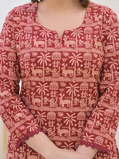 Straight Style Cotton Fabric Maroon Color Kurta And Bottom