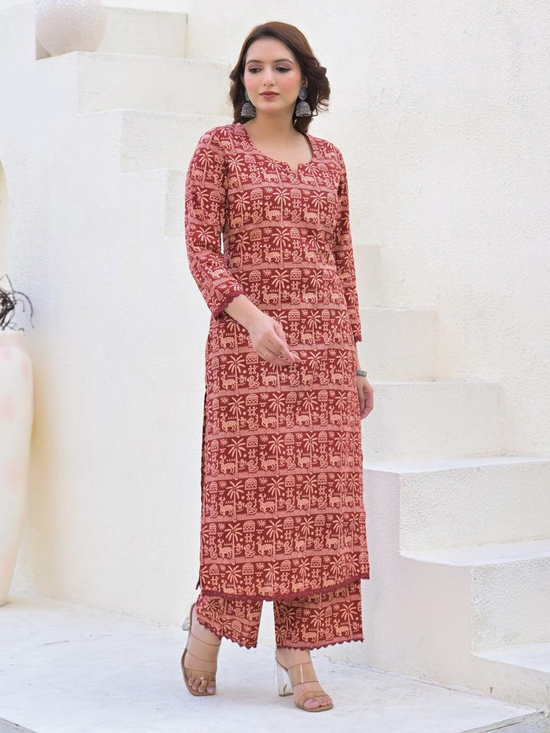 Straight Style Cotton Fabric Maroon Color Kurta And Bottom
