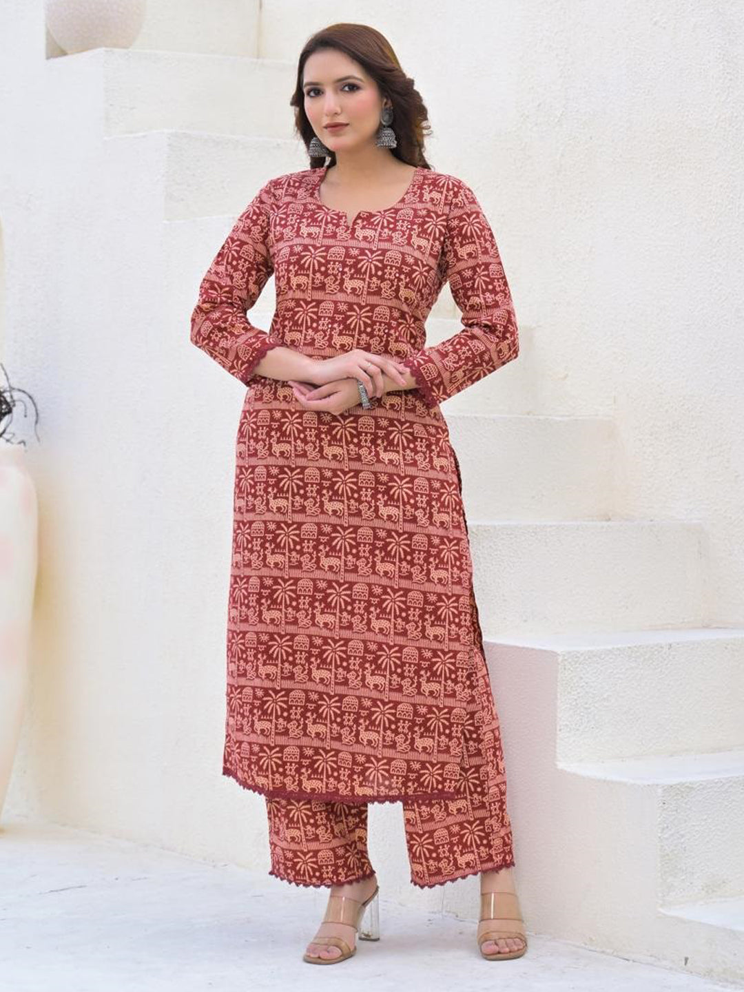Straight Style Cotton Fabric Maroon Color Kurta And Bottom